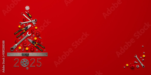 A symbolic Christmas tree made of construction tools. 2025 New Year greeting illustration. 3D render.