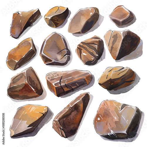 A watercolor of a set of bronzite stones, isolated on a white background. Bronzite stones vector. photo