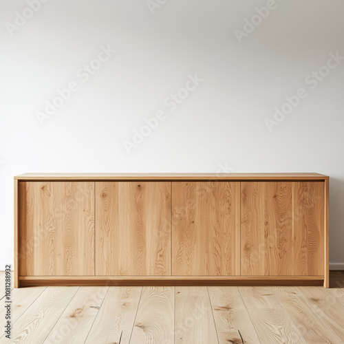 Wooden dresser in modern minimalist style with space for text or design