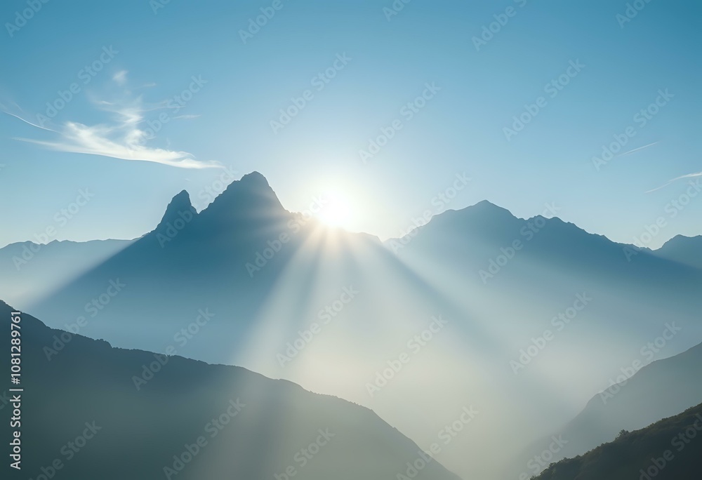 Obraz premium Serene Sunrise Over Mountain Range - Early Morning Mist & Long Shadows
