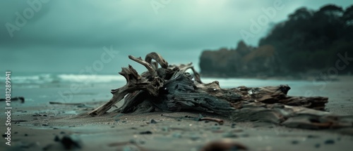 Driftwood rests on a misty, pebbled beach, illustrating solitude and nature's enduring beauty against a backdrop of overcast cliffs.