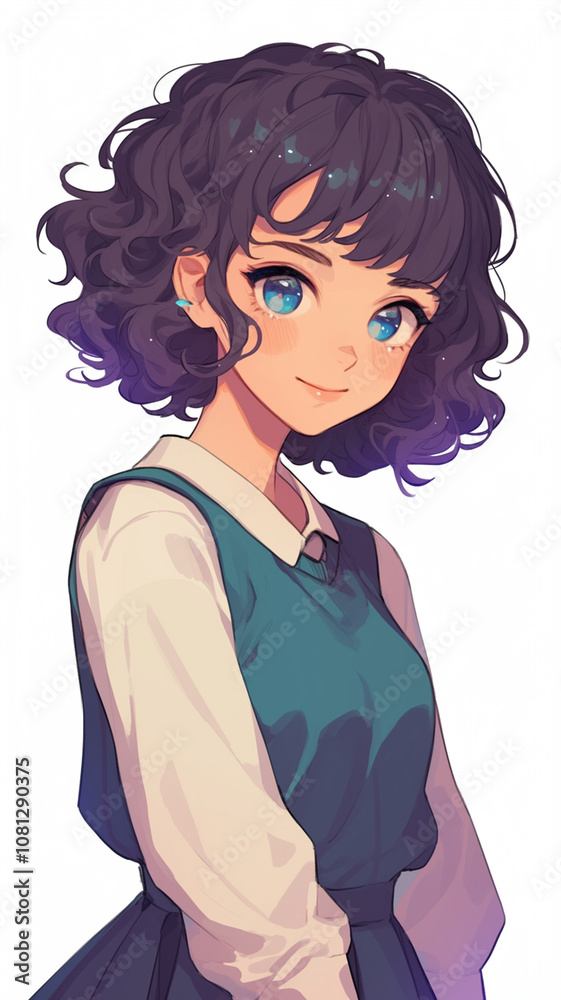 Cheerful Anime Girl with Bright Eyes and Short Curly Hair in School Uniform on White Background Cheerful Anime Girl with Bright Eyes and Short Curly Hair in School Uniform on White Background