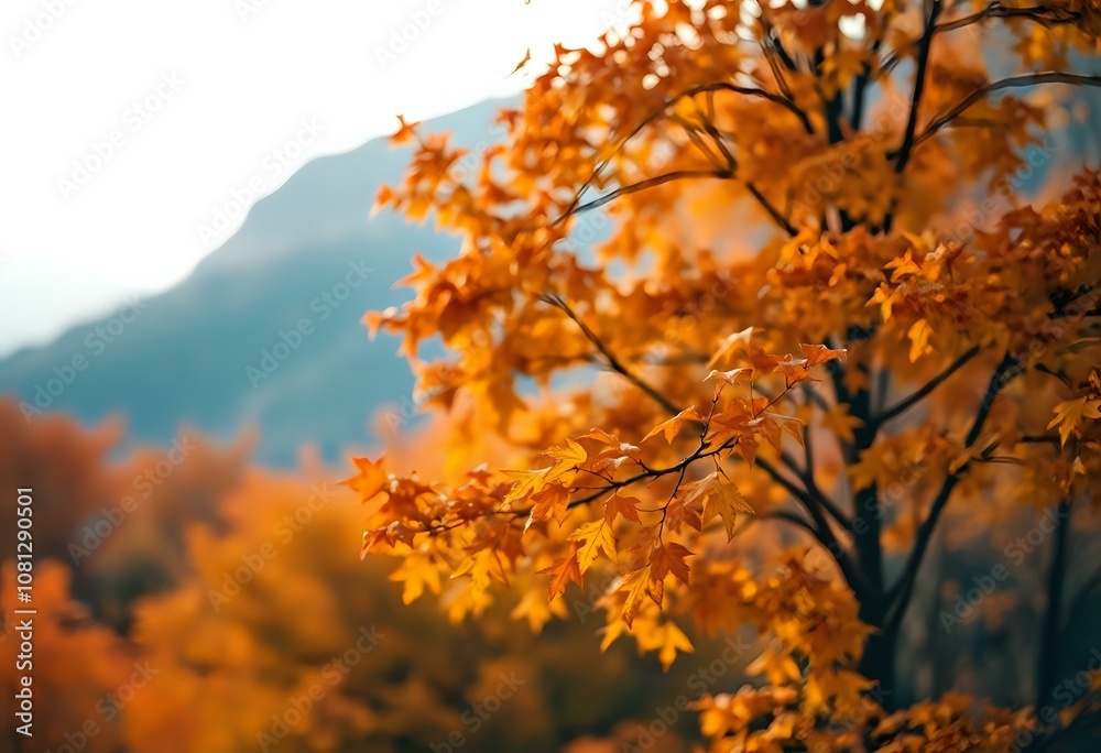 Autumns Glow: Close-Up of Vibrant Orange Leaves on Branch with Mountain Backdrop Autumns Glow: Close-Up of Vibrant Orange Leaves on Branch with Mountain Backdrop