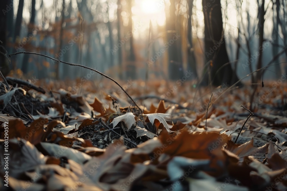 Obraz premium Autumn leaves cover the forest floor, silhouetted by the light of the setting sun, evoking warmth and renewal.