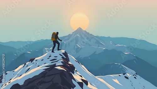 Dawn Adventurer: Man Standing on Sunrise-Painted Mountain Peak