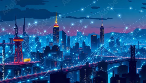 Neon Nightscape: Cyberpunk Cityscape with Illuminated Bridge Connectors