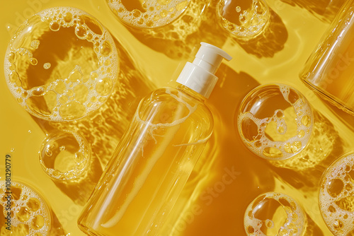 Cleaning products, Cosmetic Product Presentation in Pale Background Setting Displaying Cleaning Bottles and Shampoo Containers for Showcases and Photography