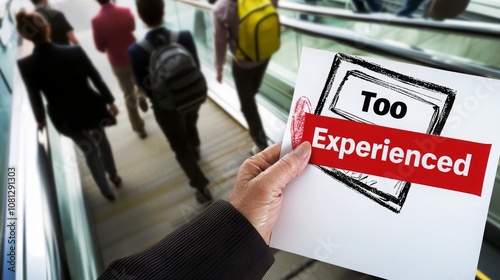 A hand holds a paper with the words 'Too Experienced' written on it, with a red stamp on the paper, standing in front of a blurred background of people riding an escalator. photo