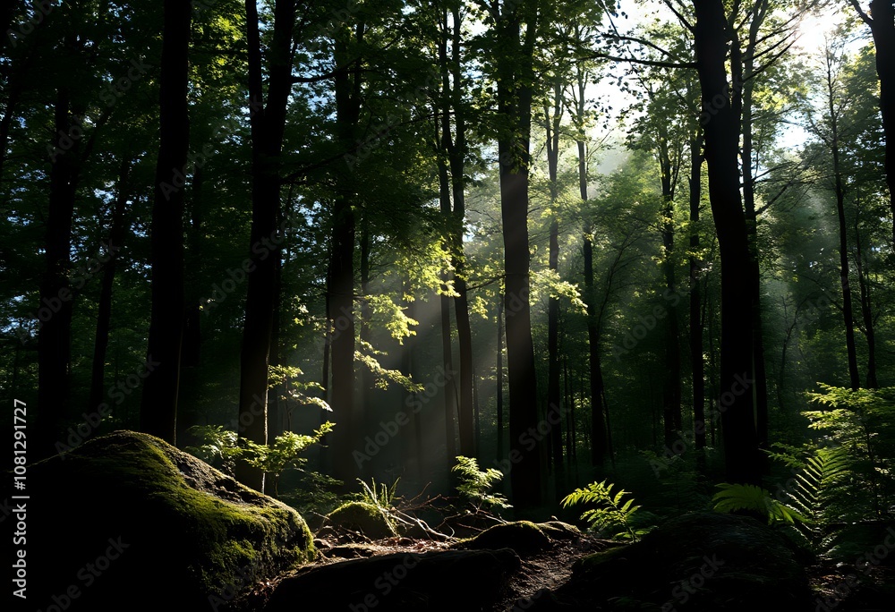 Fototapeta premium Serene Forest Scene with Dappled Sunlight - Nature Stock Photo