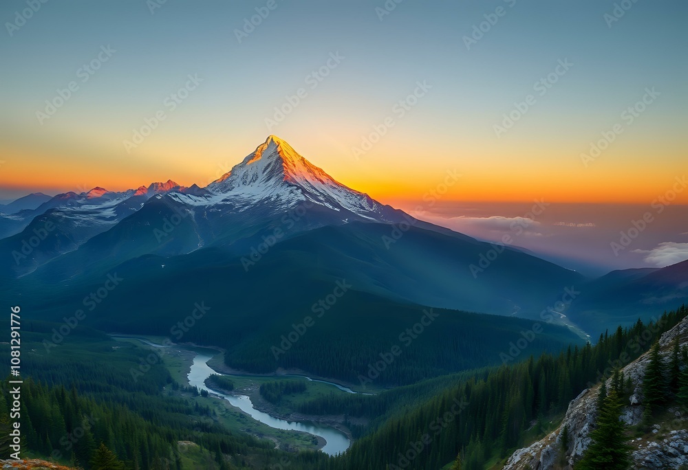 Majestic Sunset over Mountain Range with Meandering River Majestic Sunset over Mountain Range with Meandering River