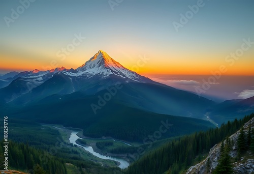 Majestic Sunset over Mountain Range with Meandering River