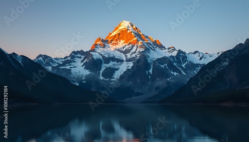 Majestic Sunset Over Snow-Capped Mountain Peak with Reflective Lake
