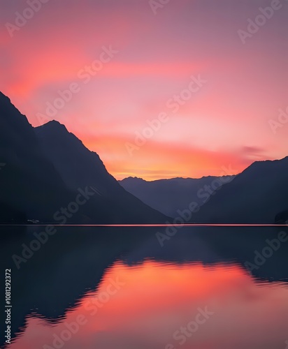 Sunrise Over Tranquil Mountain Lake | Vibrant Hues Reflection