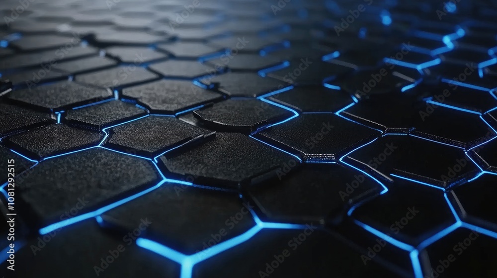 Naklejka premium Futuristic Hexagonal Pattern with Glowing Blue Lines on Dark Surface, Modern Technology Background for Innovations and Design Concepts