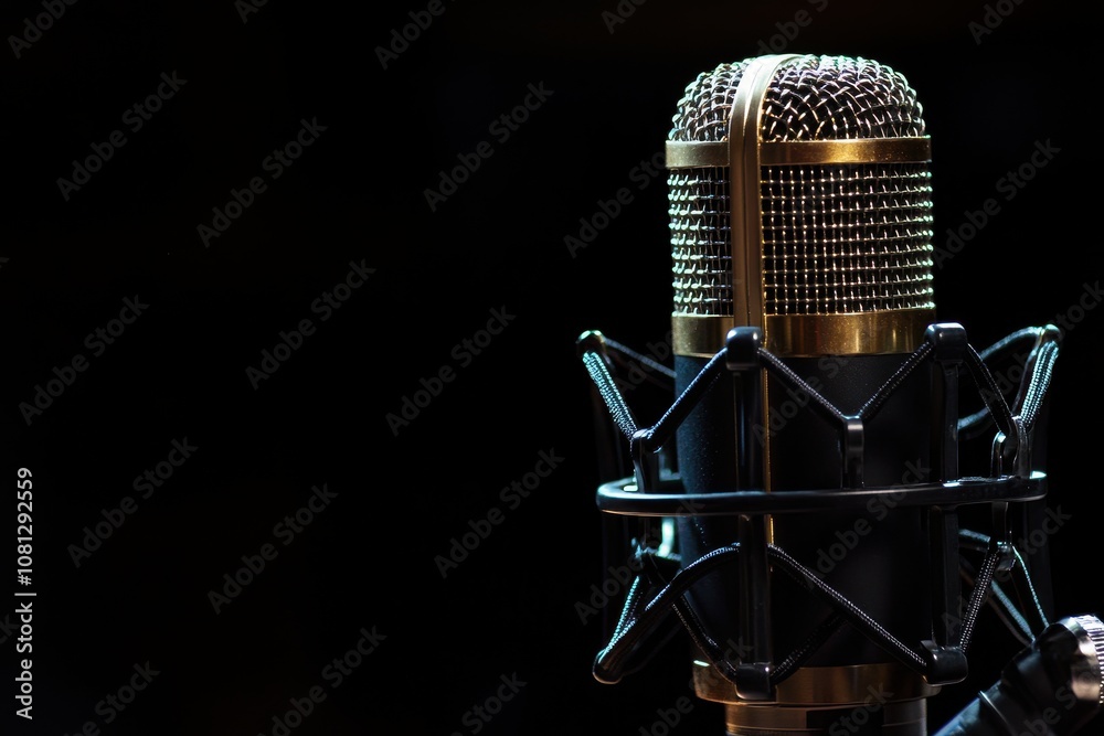 A classic microphone on black background. This image is perfect for a podcast, music, or audio production website. A classic microphone on black background. This image is perfect for a podcast, music, or audio production website.
