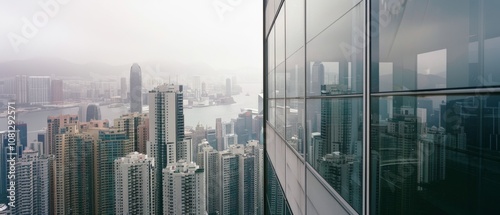 Glistening cityscape with tall skyscrapers and glass facades overlooks a bustling harbor, reflecting urban life and modern architecture. photo