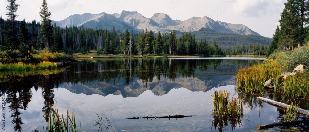 Fototapeta premium A serene mountain lake reflects towering peaks and lush forests, creating a tranquil harmony between earth and sky, tinged with the colors of early autumn.