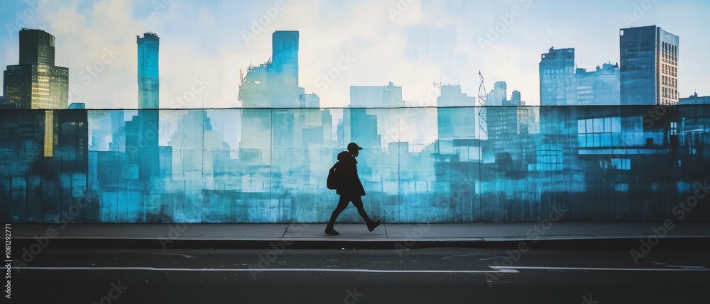 Fototapeta premium A silhouette walks by a vibrant city mural, blending urban life with artistic expression in a story of movement and culture.