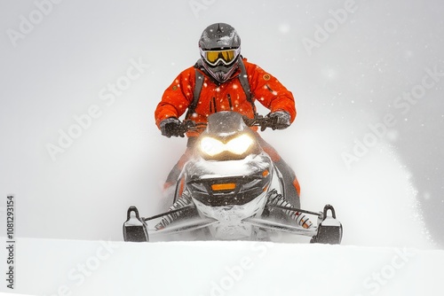 Man in orange gear riding a snowmobile in heavy snow, with headlights illuminating the snowy surroundings. Winter sports and adventure concept photo