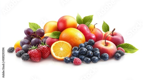 Vibrant assortment of fresh fruits including apples, berries, and citrus against a clean white background.