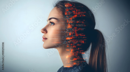 Female IT specialist learns to analyze code and data technology, cyber security, impact of artificial intelligence augmented reality, side profile, copy space. AI generation	 photo