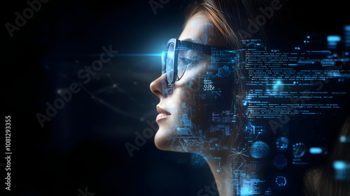 Female IT specialist learns to analyze code and data technology, cyber security, impact of artificial intelligence augmented reality, side profile, copy space. AI generation	