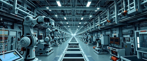 Industrial Automation Tour: Bustling Factory Floor with Robots in Action