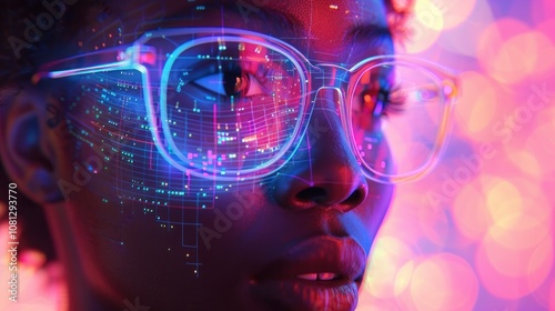 Wallpaper Mural A woman wearing glasses with digital data overlayed on the lenses. Torontodigital.ca