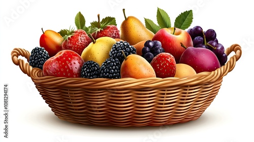 A vibrant wicker basket filled with assorted fresh fruits including strawberries, apples, pears, and berries.