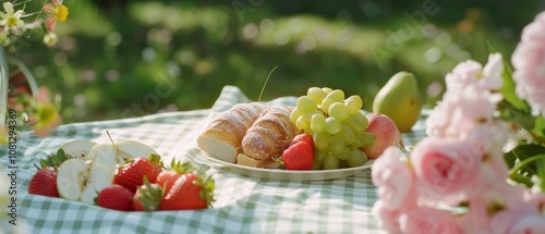 A picnic scene with fresh fruits and pastries on a gingham cloth surrounded by lush greenery, invoking leisure and abundance. photo