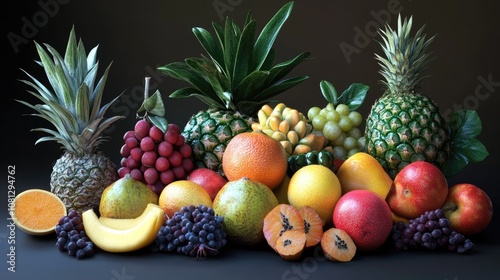 A vibrant display of assorted fruits including pineapples, grapes, and apples, showcasing rich colors and textures.