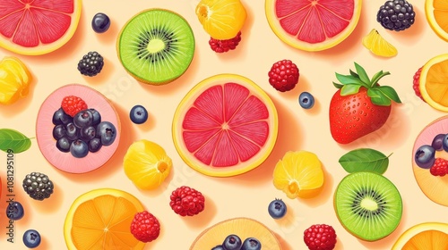 A vibrant arrangement of various fruits, including strawberries, kiwis, and citrus slices, set against a peach background.