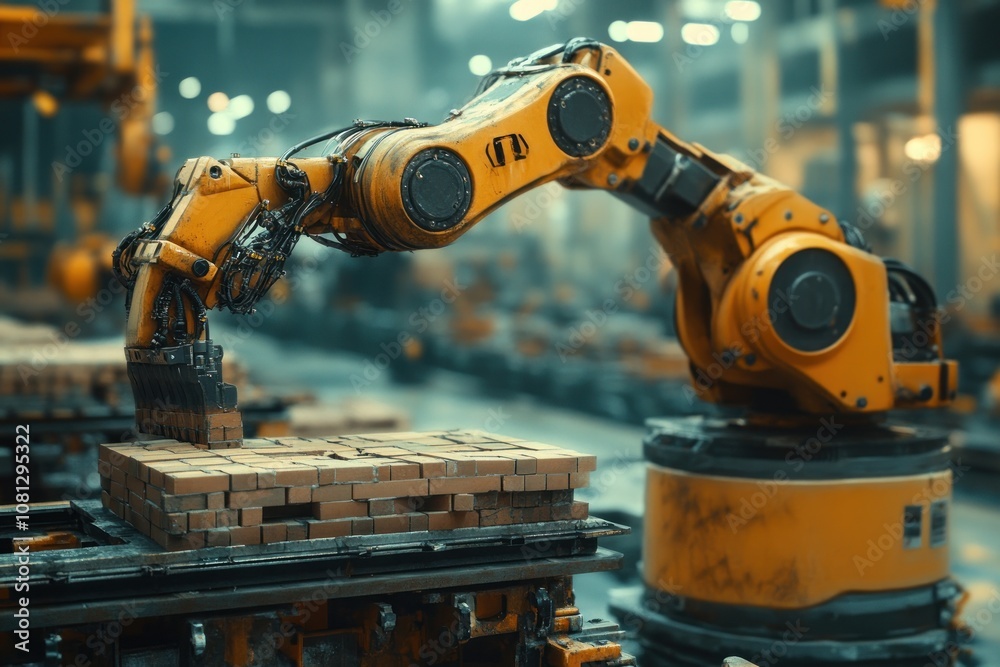 A yellow robotic arm in a factory setting picks up bricks from a conveyor belt. A yellow robotic arm in a factory setting picks up bricks from a conveyor belt.
