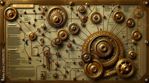 Steampunk Gear Machine: Intricate Close-up of Interlocking Golden Gears photo