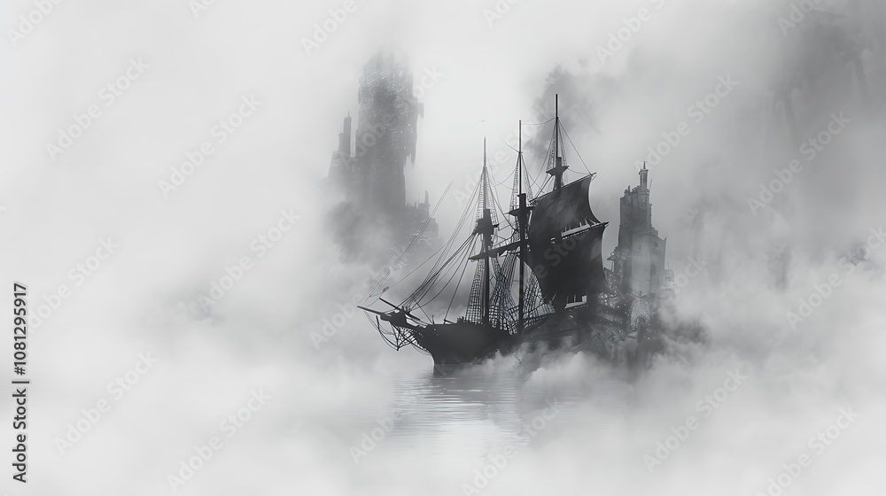 Fototapeta premium A mysterious ship navigates through foggy waters, surrounded by shadowy ruins.