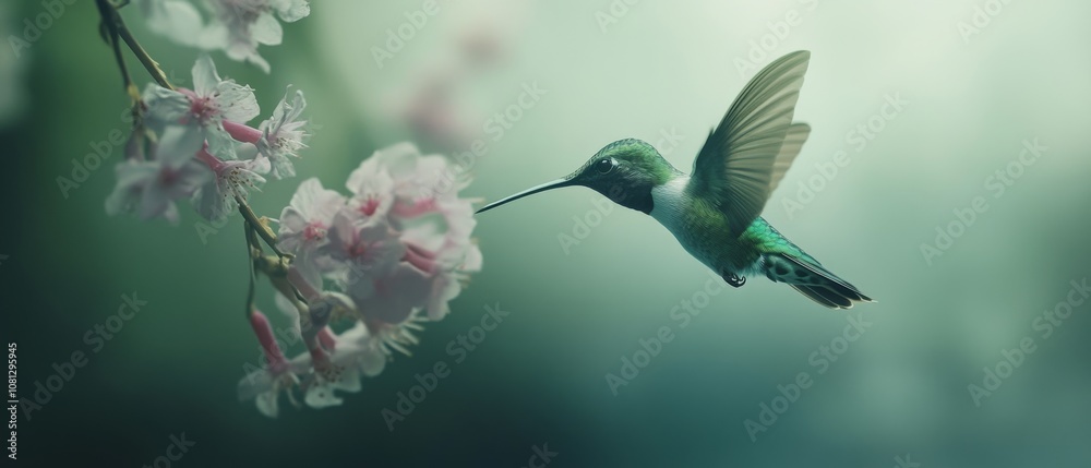 Obraz premium A vibrant hummingbird hovers near delicate pink blossoms, its wings a blur against the soft green background, capturing a moment of nature's grace.