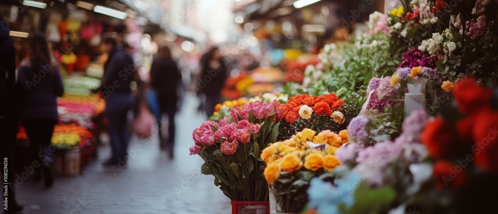Fototapeta premium A vibrant market scene bursts with colorful flowers, inviting visitors to explore the bountiful blooms under the bustling, lively atmosphere.