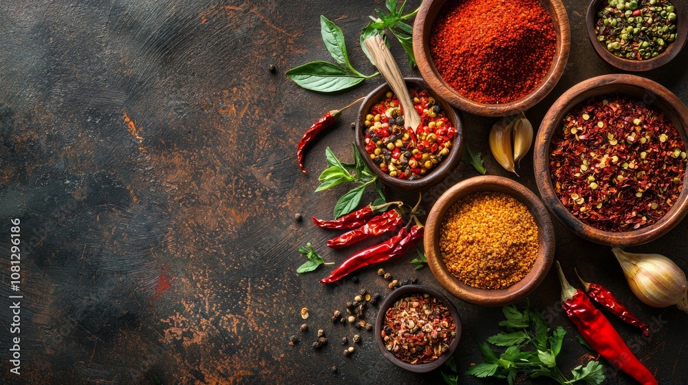 Assortment of spicy seasonings in wooden bowls Assortment of spicy seasonings in wooden bowls