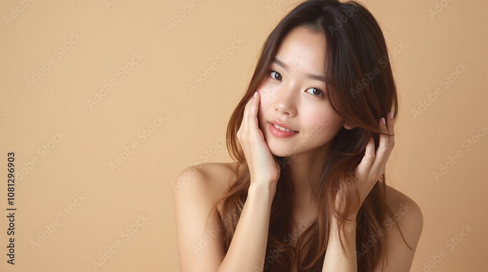 Attractive slim young asian woman with clean fresh healthy skin and long beautiful brunette hair isolated on light beige background. Skin care cosmetic product. Cosmetology, beauty and spa concept Attractive slim young asian woman with clean fresh healthy skin and long beautiful brunette hair isolated on light beige background. Skin care cosmetic product. Cosmetology, beauty and spa concept