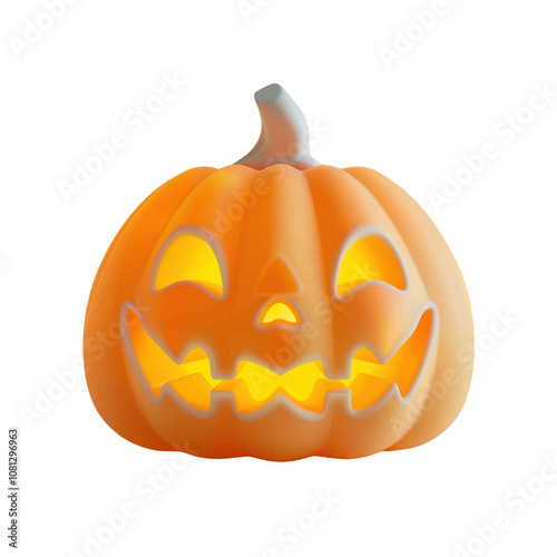 Brightly lit standing frosted glass pumpkin with a spooky grin for Halloween decoration photo