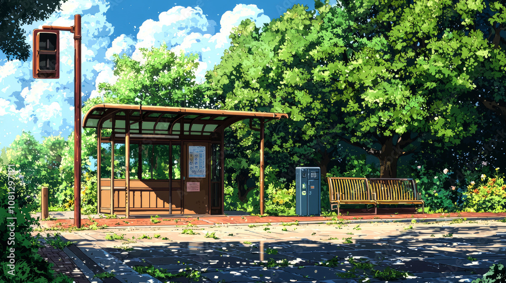 A small bus stop in a park with a wooden roof and a bench, surrounded by lush trees and a traffic light. A small bus stop in a park with a wooden roof and a bench, surrounded by lush trees and a traffic light.