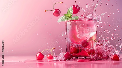 A refreshing cherry drink splashes in a glass, surrounded by cherries and mint leaves against a pink background.