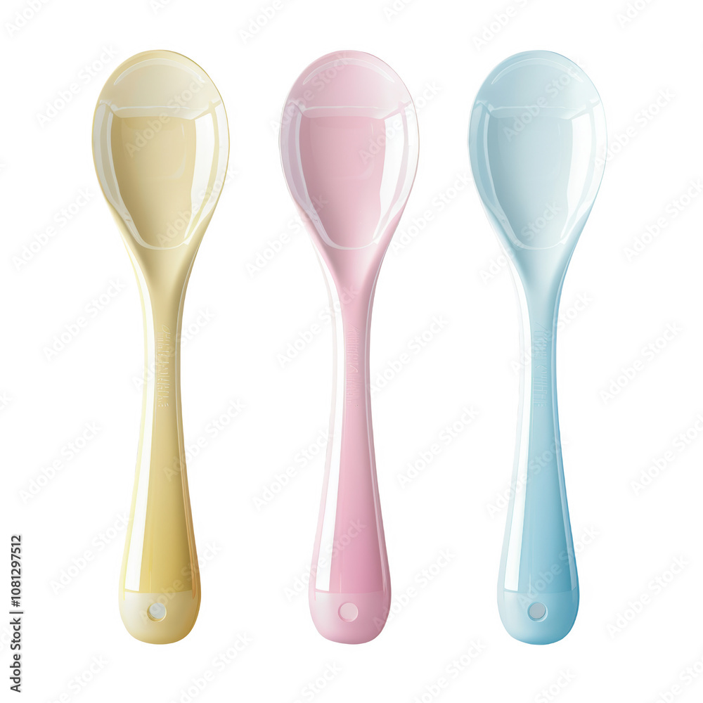 Three frosted glass spoons in pastel colors arranged neatly on a white background Three frosted glass spoons in pastel colors arranged neatly on a white background