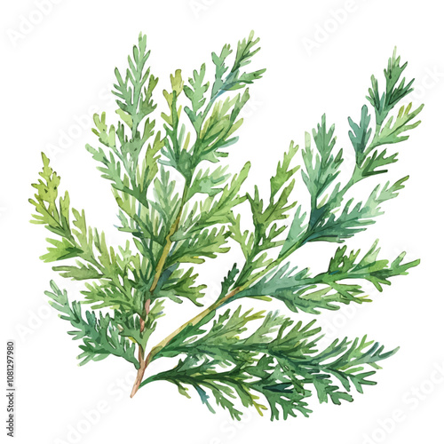 A watercolor painting of a set of cedar leaves, isolated on a white background. Cedar leaves vector.