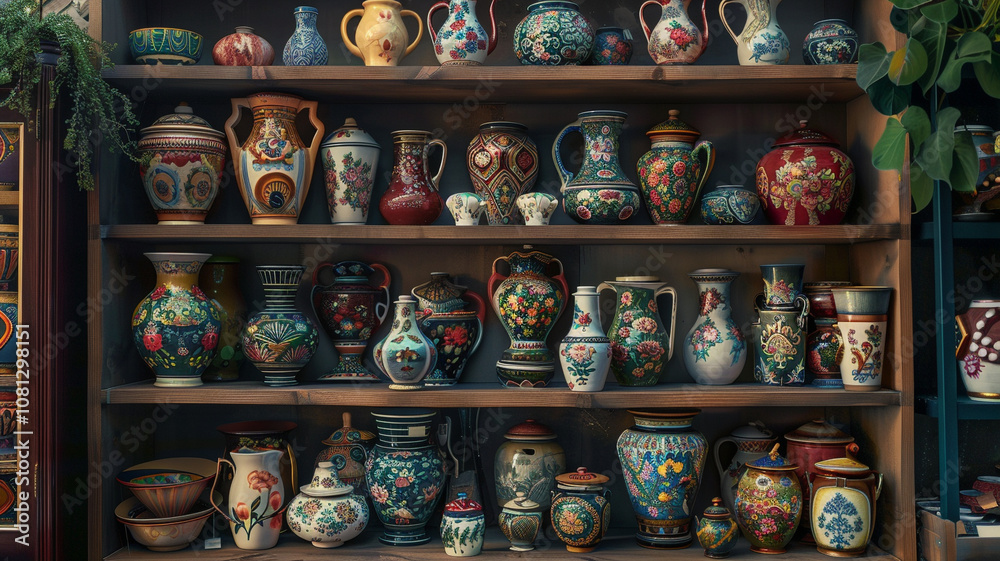 Painted Pottery Displayed on Shelves: A variety of hand-painted pottery displayed on shelves, capturing the beauty of traditional ceramics. Painted Pottery Displayed on Shelves: A variety of hand-painted pottery displayed on shelves, capturing the beauty of traditional ceramics.