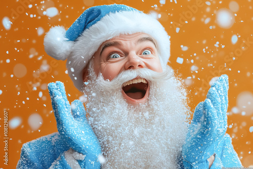 Laughing Santa in Blue Covered with Snow. A middle-aged white man with a fluffy white beard, dressed in a blue Santa suit, laughs joyfully as snowflakes cover his face and gloves.
 photo