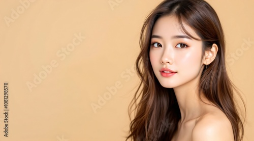 Attractive slim young asian woman with clean fresh healthy skin and long beautiful brunette hair isolated on light beige background. Skin care cosmetic product. Cosmetology, beauty and spa concept photo