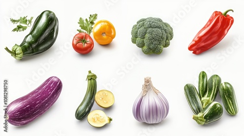 A vibrant collection of fresh vegetables including peppers, broccoli, and zucchini arranged artistically.