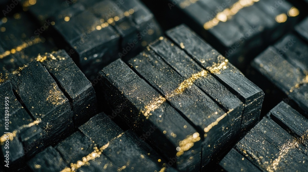 Close-up of Rustic Wooden Blocks With Shimmering Gold Accents Against a Dark Background, Perfect for Vintage or Artistic Displays in Home Decor Close-up of Rustic Wooden Blocks With Shimmering Gold Accents Against a Dark Background, Perfect for Vintage or Artistic Displays in Home Decor