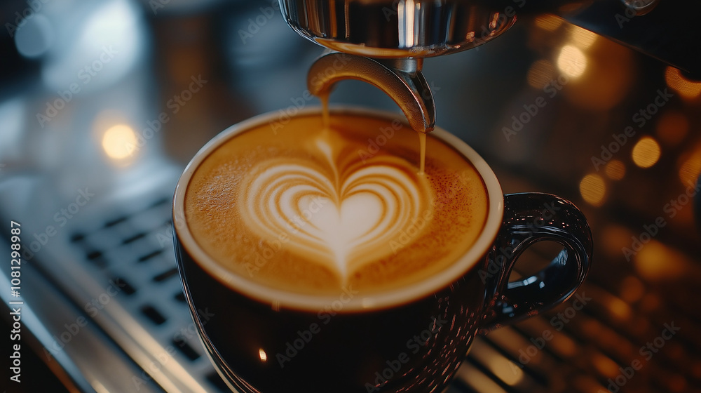 dark mug of latte art coffee, with a heart design on the foam, being poured from a coffee machine dark mug of latte art coffee, with a heart design on the foam, being poured from a coffee machine
